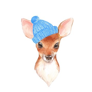 Baby Deer in blue hat. Hand drawn cute fawn. Watercolor illustration