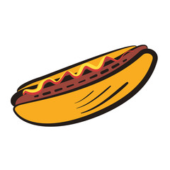 Cartoon colorful isolated outline vector american hot dog symbol. Comic flat linear hotdog icon for fast food restaurant or cafe menu, advertisement, banners, stickers, logo design