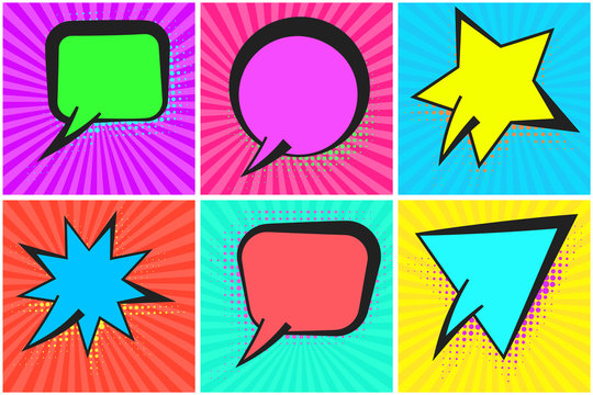 Comic speech bubbles with colorful halftone shadows in pop art style. Black outline blank message clouds on lined background for comics book, advertisement text, web design, badge