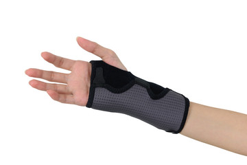women hand with wrist splint for right hand isolated on white background with path