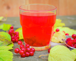 Still life with viburnum tea on wooden background