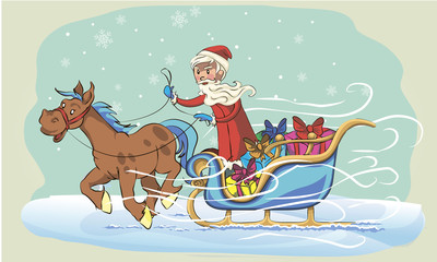 New Year greeting card with cartoon Father Frost and Snow Maiden. Winter holiday Xmas postcard with Ded Moroz and Snegurochka.  the frost rides on the sleigh