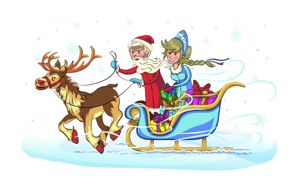 New Year greeting card with cartoon Father Frost and Snow Maiden. Winter holiday Xmas postcard with Ded Moroz and Snegurochka.  the frost rides on the sleigh