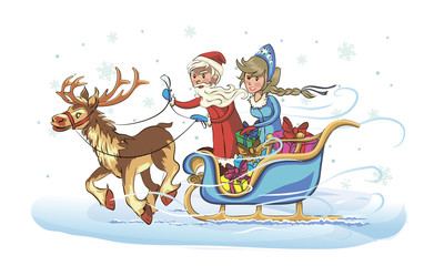 New Year greeting card with cartoon Father Frost and Snow Maiden. Winter holiday Xmas postcard with Ded Moroz and Snegurochka.  the frost rides on the sleigh