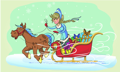 Fototapeta premium New Year greeting card with cartoon Father Frost and Snow Maiden. Winter holiday Xmas postcard with Ded Moroz and Snegurochka. the frost rides on the sleigh