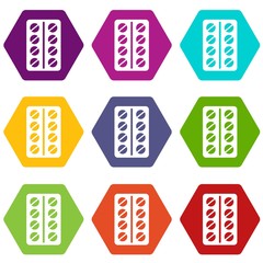 Round pills in a blister pack icon set color hexahedron
