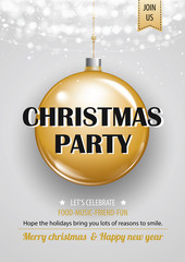 Invitation merry christmas party poster banner and card design template. Happy holiday and new year gold ball theme concept..