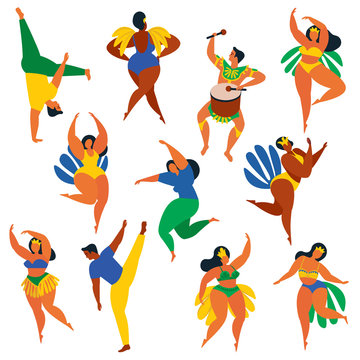 Vector illustration in retro flat style carnival girls, women and men young people. Healthy lifestyle. Set of Brazilian samba dancers, capoeira, drummer. Design element in bright colors with textures.