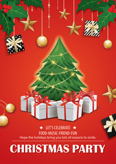 Invitation merry christmas red party poster banner and card design template. Happy holiday and new year tree and gift boxes theme concept..