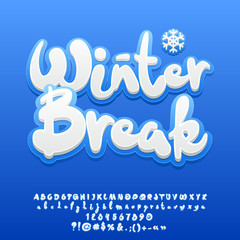 Vector snow white cute text Winter Break. Set of handmade sticker style Alphabet letters, Numbers and Symbols