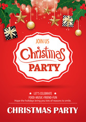 Merry christmas party and gift box on red background invitation theme concept. Happy holiday greeting banner and card design template.
