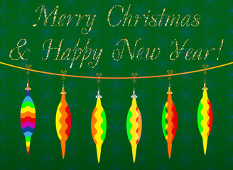 Decorative colored Christmas card with Christmas toys on a green background, which can used as a template for design 