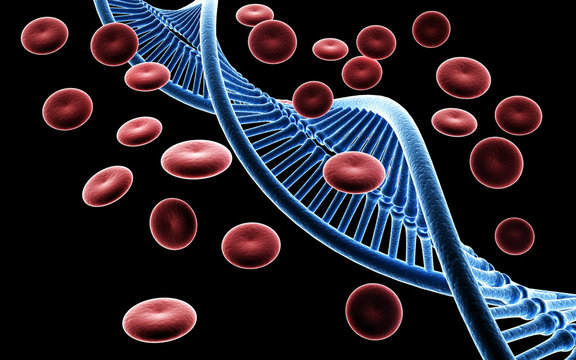 3d rendered Digital illustration of Dna and Blood cells in dark background