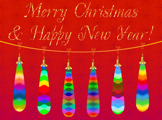 Decorative colored Christmas card with Christmas toys on a red background, which can used as a template for design 