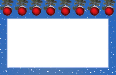 Vorlage Weihnachten mit Rahmen, blau mit Schneeflocken und roten Christbaumkugeln
