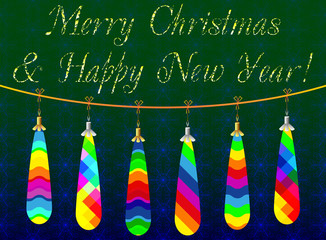 Decorative colored Christmas card with Christmas toys on a green background, which can used as a template for design 