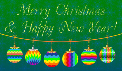 Decorative colored Christmas card with Christmas balls on a green background, which can used as a template for design 