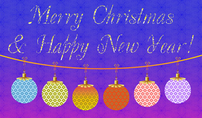 Decorative colored Christmas card with Christmas balls on a blue background, which can used as a template for design 