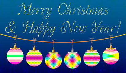 Decorative colored Christmas card with Christmas balls on a blue background, which can used as a template for design 