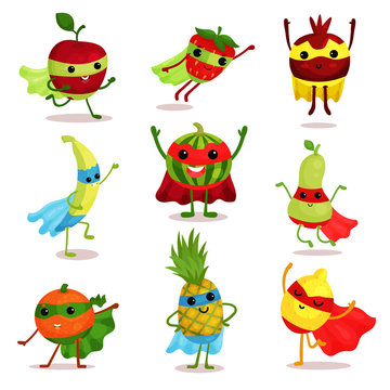 Vector illustration set of happy superhero fruit characters in different poses, card or print elements
