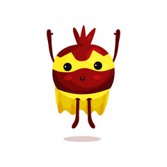 Cartoon illustration of pomegranate superhero fruit in classic comics costume
