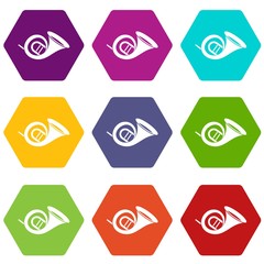 French horn icon set color hexahedron