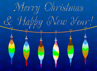Decorative colored Christmas card with Christmas toys on a blue background, which can used as a template for design 