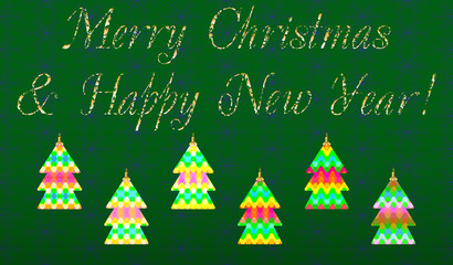 Decorative colored Christmas card with Christmas toys on a green background, which can used as a template for design 