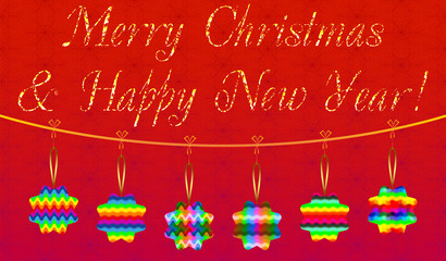 Decorative colored Christmas card with Christmas toys on a red background, which can used as a template for design 