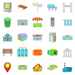 Beautiful city icons set, cartoon style