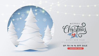 Merry Christmas and Happy New Year sale banner background with paper art and craft style.Glowing lights for Xmas Holiday.Calligraphy.Vector illustration template.greeting cards.