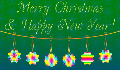 Decorative colored Christmas card with Christmas toys on a green background, which can used as a template for design 