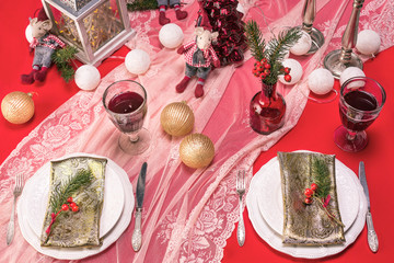 Beautiful Christmas table setting with decorations