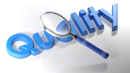 A magnifier is passing over the write "Quality", written with blue 3D letters laying on a white surface - 3D rendering