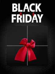 Black friday poster with black gift box end red bow. November sale day