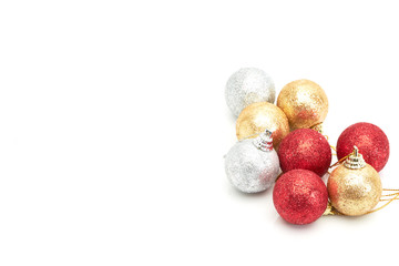 beautiful red gold and silver Christmas balls on white