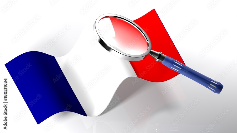 Poster A magnifier is passing over the flag of France - 3D rendering