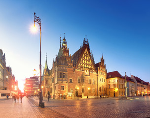 Market square and Town Hall at night, panoramic image