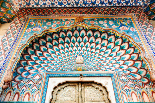 Peacock mosaic over the door of Jaipur City Palace. Rajasthan, India.