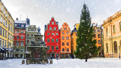 Christmas in Stockholm.Stortorget Square decorated for Christmas, Sweden. - obrazy, fototapety, plakaty