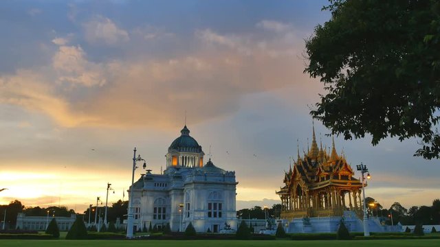 Bangkok, Thailand - August 13,2017:birds flying above Ananta Samakhom Throne Hall in sunset time.