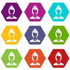 Stewardess icon set color hexahedron
