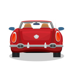 Isolated red car, retro cabriolet on white background with shadow. Rear back view. Simplistic realistic comic art style