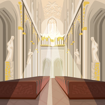 Beautiful View On Nave From Altar Inside Cathedral Church. Interior Of Catholic Basilica With Sun Rays From Windows. Simplified Realistic Hand Draw Comic Art Style