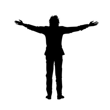 Isolated black silhouette of man with raised open arms outstretched, on white background. Front or back view. Contour outline style
