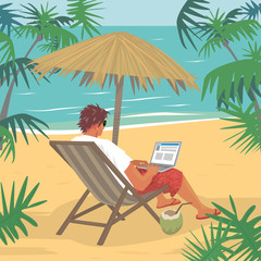 Fashionable young man working on laptop or notebook, sitting in deck chair on tropical beach next to ocean. Freelance concept. Simplistic realistic comic art style