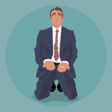 Tired businessman or manager in crumpled suit, kneeling and begging. Dismissal or crisis concept. Simplistic realistic comic art style. Front face view