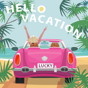 Young blonde girl sitting in fashion pink cabriolet car with raised open arms outstretched, on beach near ocean. Back view. Simplistic realistic style