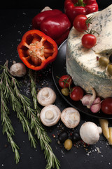 food photography art. gourmet blue cheese vegetables spices assortment mix concept