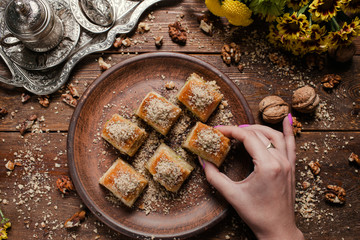 Food pastry background. Turkish traditional baklava dessert and tea concept